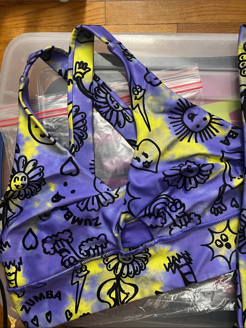 Zumba Fitness Purple & Yellow Graphic Racerback Sports Bra and matching leggings